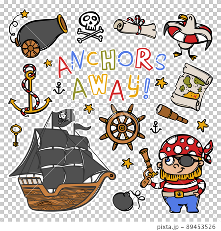 PIRATE AND CORVETTE Sailboat With Black Sails And Other Sea Travel Attributes Hand Drawn Cartoon Stickers Vector Illustration Collection For Design And Print 89453526