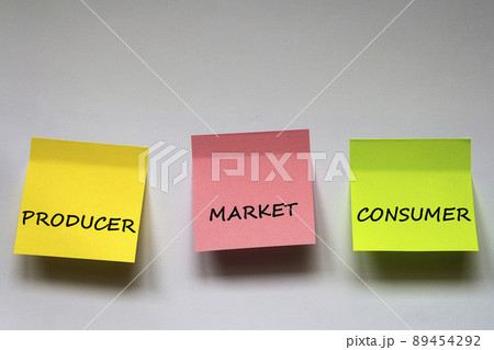 "Producer, market, consumer", the phrase is written on multi-colored stickers on white background "Producer, market, consumer", the phrase is written on multi-colored stickers on white background 89454292