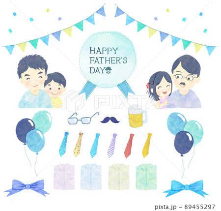 父の日の親子と装飾の手書き風イラストセット 父の日の親子と装飾の手書き風イラストセット 89455297
