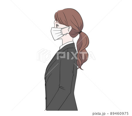 マスクをつけた横向きのスーツを着た女性のイラスト素材