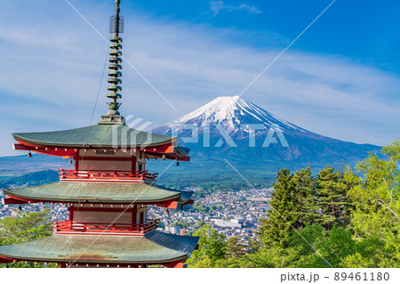（山梨県）日本の美、新緑の新倉山浅間公園・忠霊塔と富士山 89461180
