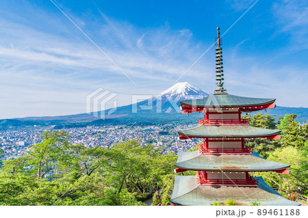 （山梨県）日本の美、新緑の新倉山浅間公園・忠霊塔と富士山 89461188