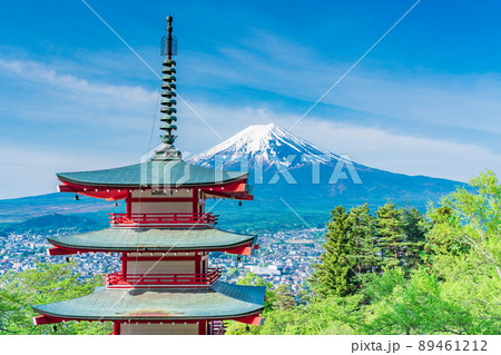 （山梨県）日本の美、新緑の新倉山浅間公園・忠霊塔と富士山 89461212
