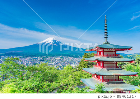 （山梨県）日本の美、新緑の新倉山浅間公園・忠霊塔と富士山 89461217