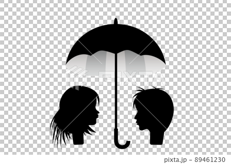 一本の傘に男女二人が一緒に入る相合傘のイメージ。 89461230