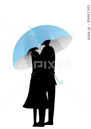傘に隠れてキスをするカップルのシルエット 相合傘のイメージ のイラスト素材