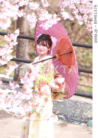 河津桜と淡い色の振袖姿の新成人女性、成人式の成人振袖撮影、和装のロケーション撮影 河津桜と淡い色の振袖姿の新成人女性、成人式の成人振袖撮影、和装のロケーション撮影 89461376
