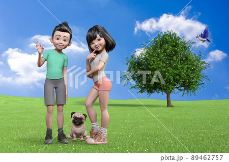 大きな木の前でパグの子供、OKサインの男の子、口の下に指を添えた女の子、かわいい笑顔で記念撮影。 大きな木の前でパグの子供、OKサインの男の子、口の下に指を添えた女の子、かわいい笑顔で記念撮影。 89462757
