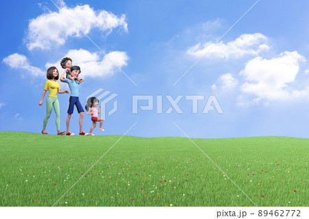 青空の下の草原で お父さんがお母さんと女の子と一緒に 小さな男の子を肩車して歩いています のイラスト素材