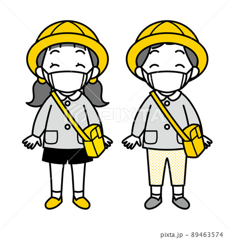 マスクを付け園児服を着た小さな女の子と男の子 シンプル のイラスト素材