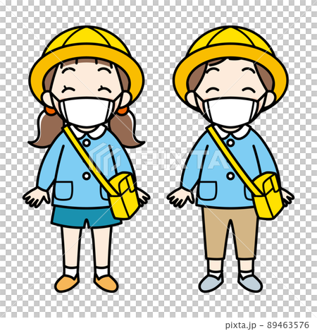A small girl and a boy wearing a smiling kindergarten clothes with a mask (color) 89463576