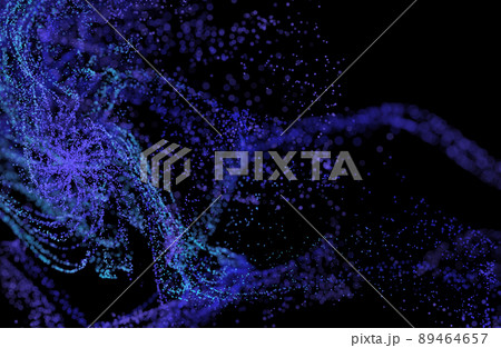 3D Render of many small ultraviolet and blue particles flying on black festive background. Trendy backdrop for your design. Three-dimensional illustration. Innovation and technology concept 89464657