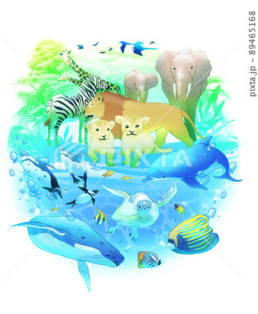海と陸の生き物と自然の球体背景（白背景） 89465168