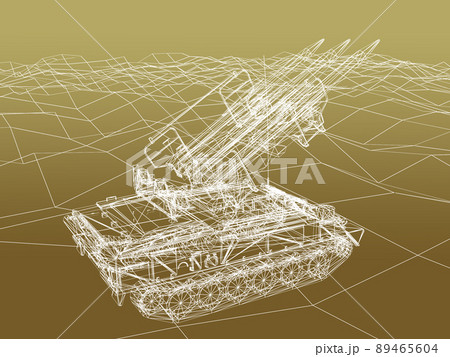 battle tank on sand wire frame ,3d rendering 89465604