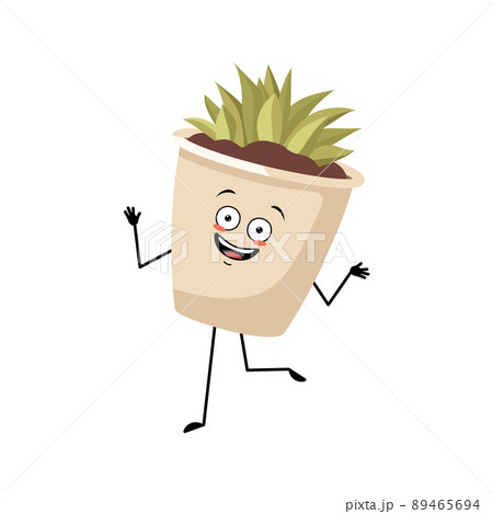 Cute character indoor plant in a pot with joyful dancing emotions, smile face, happy eyes, arms and legs. Planter with succulent for interior decoration 89465694