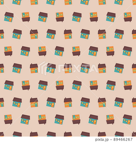 Cute seamless pattern with bright rustic houses on background. Cityscape print. Vector flat illustration for textile and design 89466267