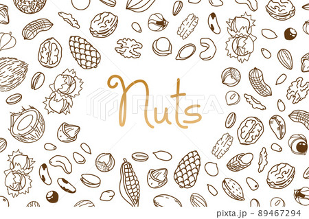 Vector frame, packaging design of nut and seed mix or snack. Walnut, peanut and sunflower seeds. Almond, pistachio, cashew, hazelnut and macadamia. Illustration in line art style 89467294