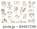 Set clipart hand-drawn nuts and seeds. Walnut, peanut and sunflower seeds. Almond, pistachio, cashew, hazelnut and macadamia. Illustration in line art style 89467296
