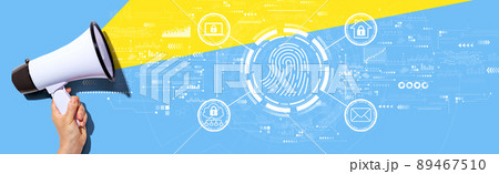 Fingerprint scanning theme with a person holding a megaphone 89467510