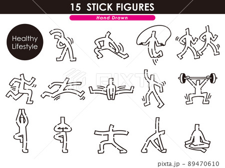 健康的な生活セット。手描きの棒人間。 89470610