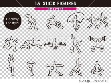 健康的な生活セット。手描きの棒人間。 89470610