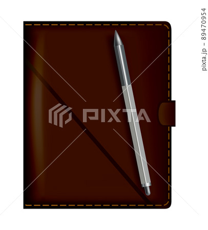 Leather note book. Realistic brown notebook mockup for branding and corporate identity. Notepad with pencil or pen isolated vector illustration on white background 89470954