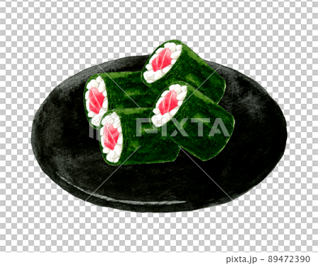 黒い皿に乗った鉄火巻き　日本料理の手描き水彩イラスト素材 89472390