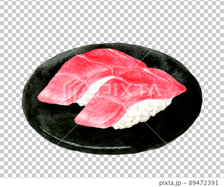 黒い皿に乗った二貫のマグロ（トロ）の握り寿司　日本料理の手描き水彩イラスト素材 89472391