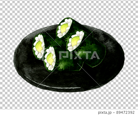黒い皿に乗ったかっぱ巻き　日本料理の手描き水彩イラスト素材 89472392