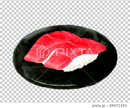 黒い皿に乗った二貫のマグロ（赤身）の握り寿司　日本料理の手描き水彩イラスト素材 89472393