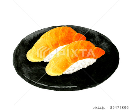 黒い皿に乗った二貫のサーモンの握り寿司 日本料理の手描き水彩イラスト素材のイラスト素材