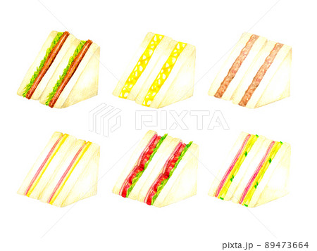 三角形のサンドイッチのイラストセット　料理・カフェメニューの手描き水彩イラスト素材集 89473664