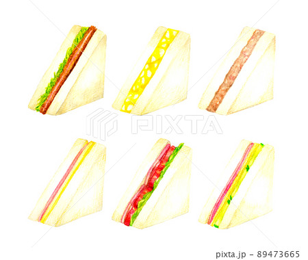 三角形のサンドイッチのイラストセット　料理・カフェメニューの手描き水彩イラスト素材集 89473665