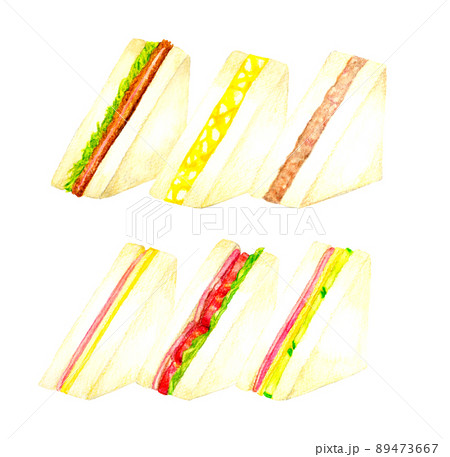 三角形のサンドイッチのイラストセット 料理 カフェメニューの手描き水彩イラスト素材集のイラスト素材