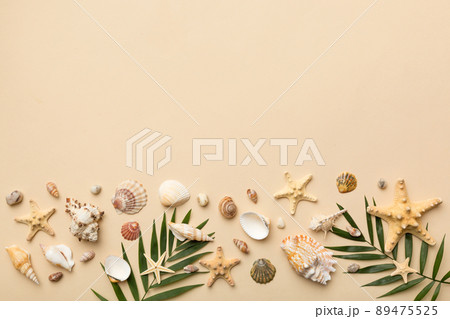 Summer time concept Flat lay composition with beautiful starfish and sea shells on colored table, top view with copy space for text 89475525