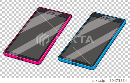 Two types of smartphone illustrations [from diagonally above, smartphone, placed, red, blue] 89475884