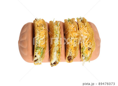 Terracotta Taco Holder With Four Crunchy Tacos 89476073