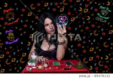 Psychic Tarot Card Reader With Neon Signs Psychic Tarot Card Reader With Neon Signs 89476132