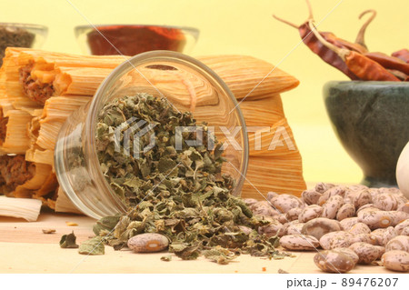 Tamales With Garlic, Beans and Tomato on Yellow Background Tamales With Garlic, Beans and Tomato on Yellow Background 89476207