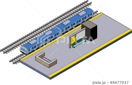 駅のホームに停車している青い電車のアイソメトリックなイラスト 主線あり のイラスト素材