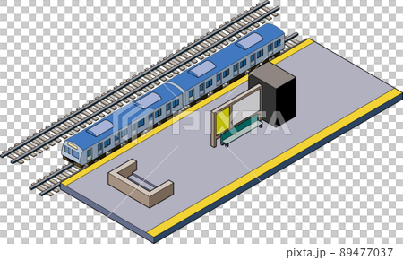 駅のホームに停車している青い電車のアイソメトリックなイラスト、主線あり. 駅のホームに停車している青い電車のアイソメトリックなイラスト、主線あり. 89477037