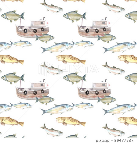 Watercolor seamless pattern of the fishing, - Stock Illustration  [105733787] - PIXTA