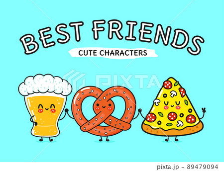 Cute, funny happy glass of beer, pizza and pretzel. Vector hand drawn cartoon kawaii characters, illustration icon. Happy cartoon glass of beer, pizza and pretzel mascot friends concept Cute, funny happy glass of beer, pizza and pretzel. Vector hand drawn cartoon kawaii characters, illustration icon. Happy cartoon glass of beer, pizza and pretzel mascot friends concept 89479094