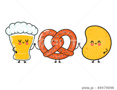 Cute, funny happy glass of beer, pretzel and chips 89479096