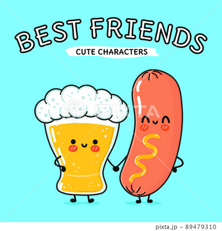 Cute, funny happy glass of beer and sausage with mustard. Vector hand drawn cartoon kawaii characters, illustration icon. Funny cartoon glass of beer and sausage with mustard mascot character concept. 89479310