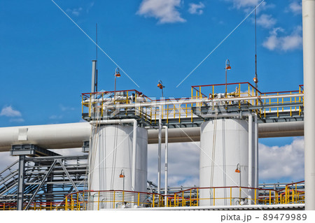 View of the new columns and chemical apparatus plant for oil refining at refinery 89479989