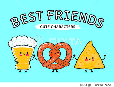 Cute, funny happy glass of beer, pretzel and nachos. Vector hand drawn cartoon kawaii characters, illustration icon Funny cartoon glass of beer, pretzel and nachos mascot friends concept Cute, funny happy glass of beer, pretzel and nachos. Vector hand drawn cartoon kawaii characters, illustration icon Funny cartoon glass of beer, pretzel and nachos mascot friends concept 89481928