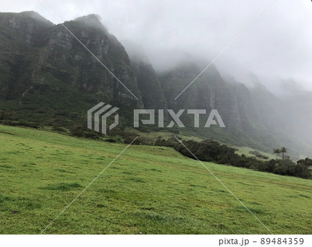霧のかかるクアロアランチハワイの山々 霧のかかるクアロアランチハワイの山々 89484359