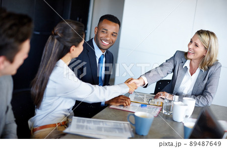 It was nice meeting you. Shot of professional coworkers shaking hands during a meeting in the office. It was nice meeting you. Shot of professional coworkers shaking hands during a meeting in the office. 89487649