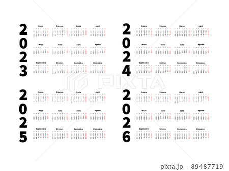 2023, 2024, 2025, 2026 years simple horizontal calendars set in spanish language, typographic calendars isolated on white 89487719